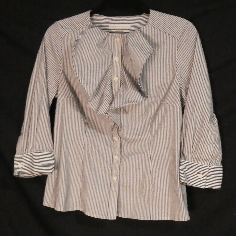 PETER NYGARD - Petites | 6 petites | Elegant Striped Blouse with Ruffle Detail